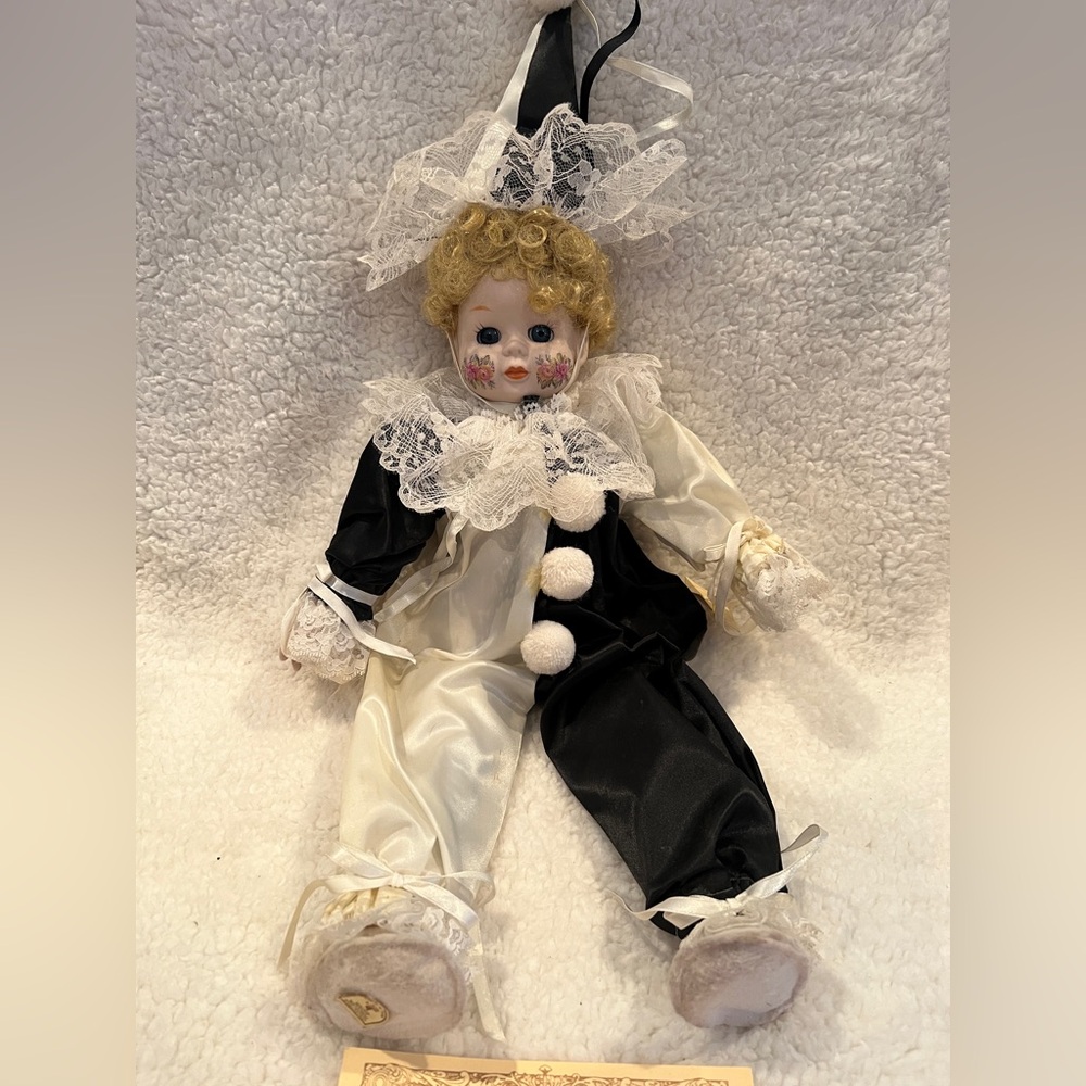 Brinn's 1990 Authentic Collectable Edition Black White Clown Porcelain Doll 17”